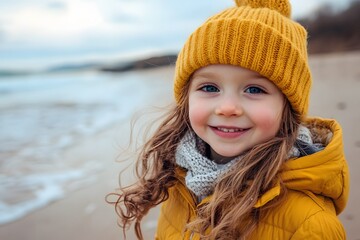 Happy little girl in yellow winter clothes smiling at the beach on a cold day..
