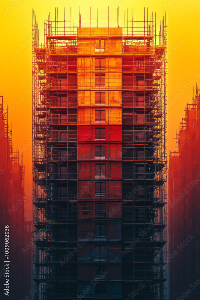 Aufkleber a scaffolding structure surrounding a high-rise building under construction, isolated on a gradient 