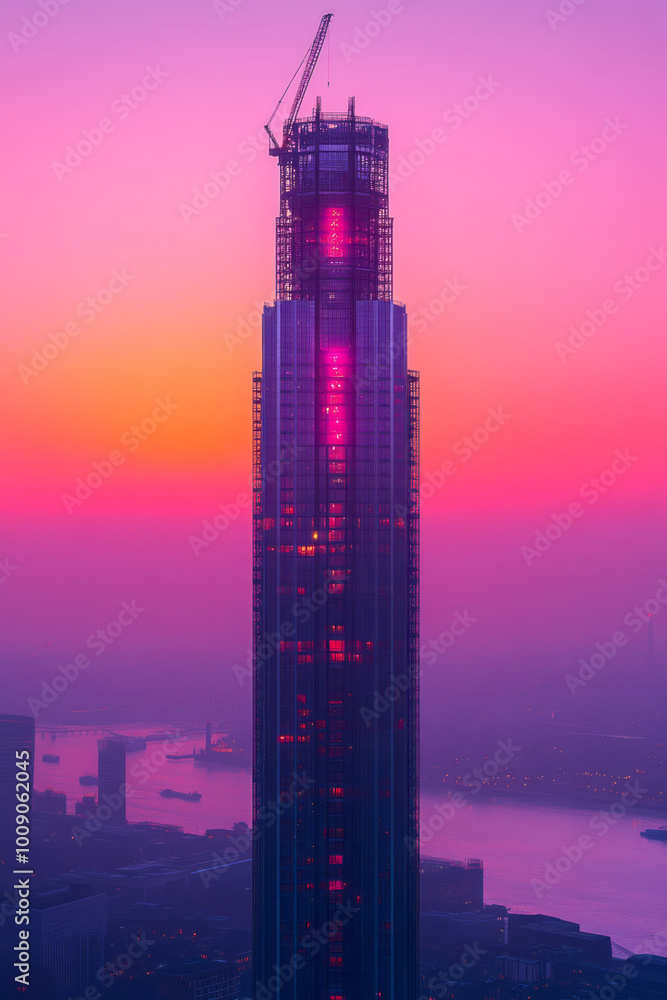 Poster a scaffolding structure surrounding a high-rise building under construction, isolated on a gradient 