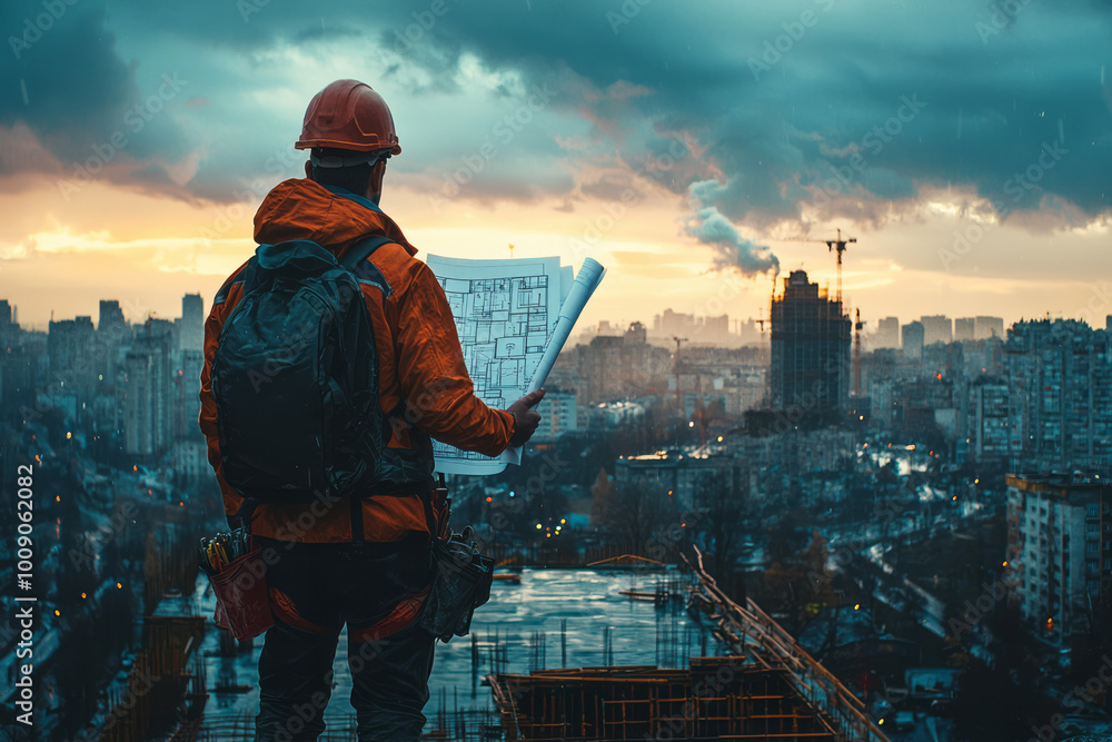 Poster a construction worker holding blueprints while standing on a building site, floating on a dynamic su