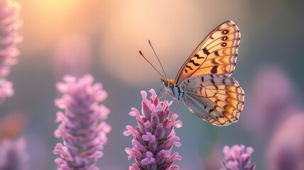 Obraz premium Butterfly on Lavender in Golden Hour