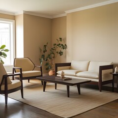 3d interior of a Japandi style interior living room a design with simplicity, minimalistic with abstract background  