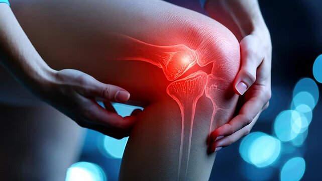 Joint discomfort: visualization of knee pain in patella area highlights challenges of mobility and importance of understanding symptoms for effective treatment, rehabilitation strategies.