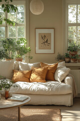 A living room with an off-white sofa, a round coffee table and side tables, a beige cabinet, plants on the windowsill, a hanging poster frame, a modern minimalist style, beige walls, warm tones