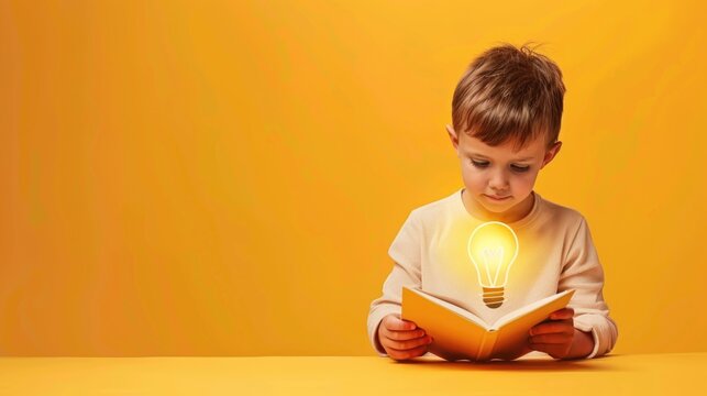 Boy reading book, glowing lightbulb symbol on his chest. Inspires creativity, learning in children.