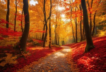 Obraz premium exploring captivating vibrancy autumn foliage rich color palettes scenic natural landscapes, leaves, trees, nature, forest, scenery, season, wood, branches