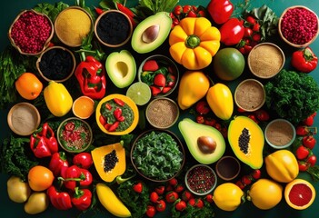colorful flat lay display various food items highlighting diverse dietary choices vibrant ingredients ample culinary inspiration, colors, vegetables, fruits