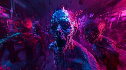 Fototapeta premium An abstract representation of a virtual reality zombie game, with glitch effects and neon colors creating a surreal experience