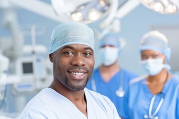 Smiling anesthesiologist stands confidently in a bright operating room. Healthcare promotions and medical education visuals.