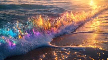 Glowing waves of liquid light crash onto translucent crystals, casting luminous reflections and soft colors along the beach.