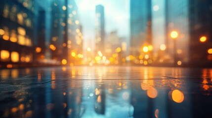 Wet City Pavement Reflecting Blurred Lights and Tall Buildings
