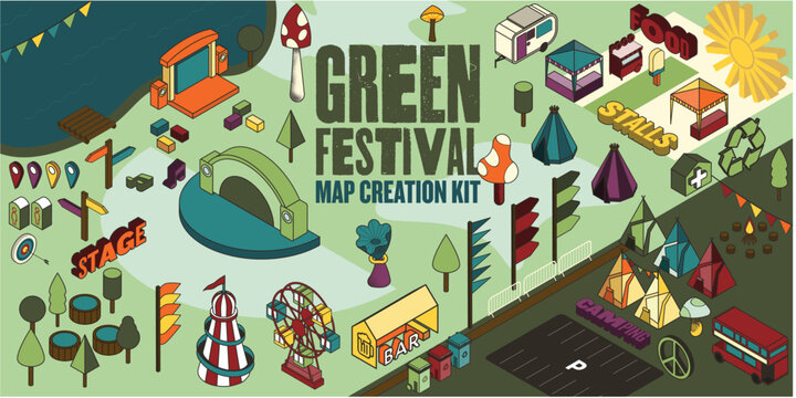 Green Eco Sustainable Fesitval Event Vector Map Creation Kit Planner 3D Isometric 