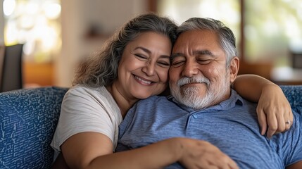 Fototapeta premium Photograph of a Happy Senior Latin Couple Relaxing Together on a Comfortable Sofa at Home