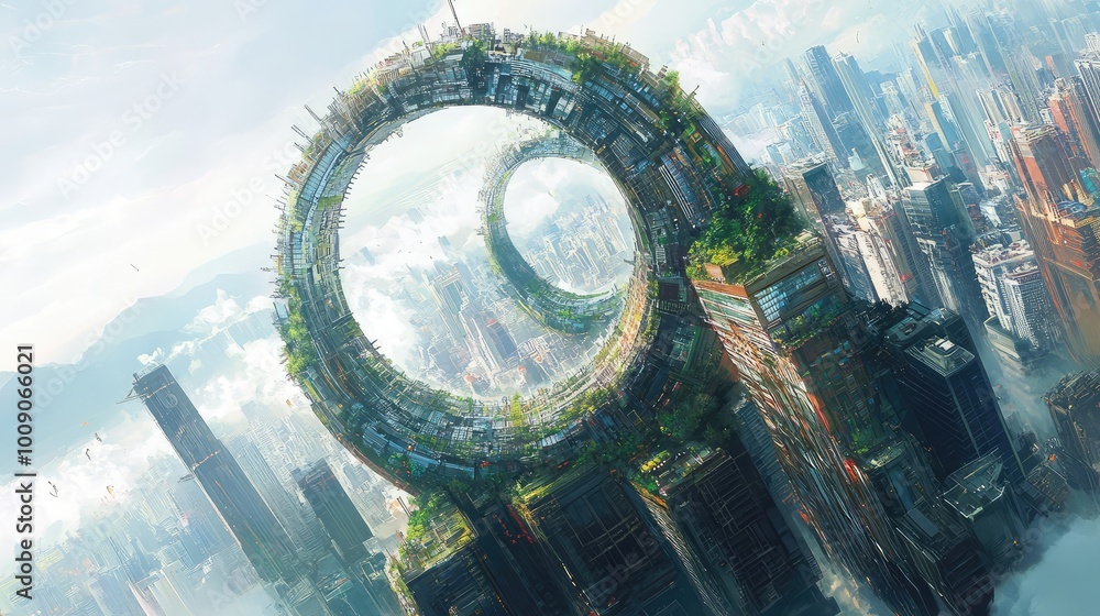 Poster gravity-defying skyscrapers curve and float in mid-air, their looping bridges twisting into seemingl