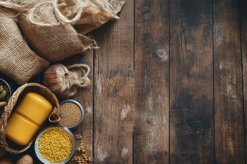 Food donations on wooden background - generative ai