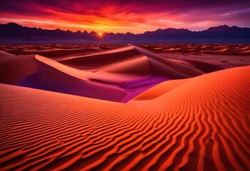 Naklejka premium captivating desert dunes under vibrant sunset showcasing textures colors, nature, sand, landscape, sky, clouds, light, shadow, evening, formation, beauty