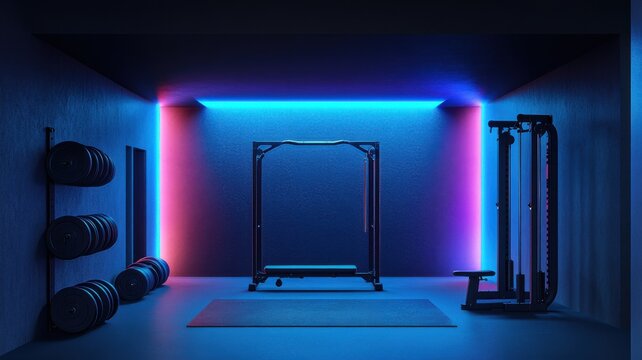 A gym with a blue wall and neon lights