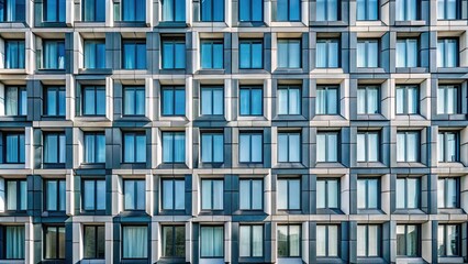 Repetitive pattern of blue windows on a building facade.