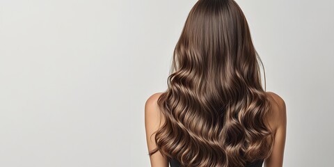 A woman with long wavy brunette hair is captured from behind, showcasing luxurious curls. The soft lighting against a pure white background emphasizes her high-end beauty aesthetic. 