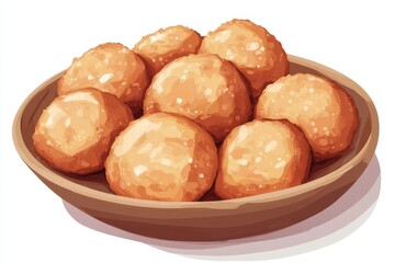 A delicious plate of golden brown sweet balls, perfect for dessert or a festive celebration. Tasty and inviting treat, white background