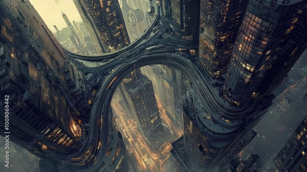 Poster gravity-defying skyscrapers twist and float in mid-air, with bridges looping between them in impossi