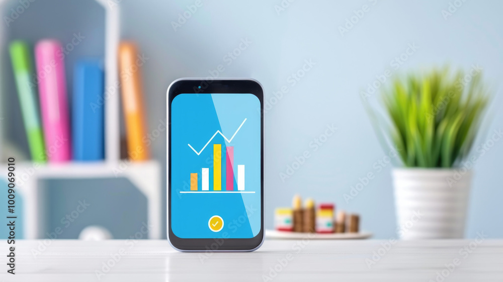 Aufkleber smartphone displaying colorful bar graph in modern office. business presentations and analytics.
