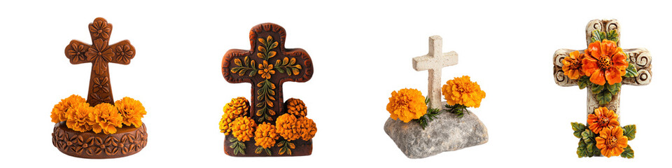 A small, handcrafted decorative item, such as a mini altar or cross with marigold flowers, isolated on a transparency background