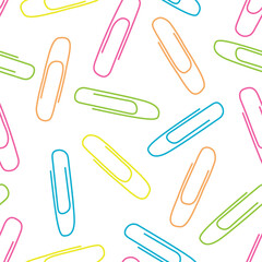 Seamless vector pattern with bright neon colored paper clips on white background, fabric, scrapbook