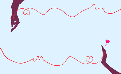 運命の赤い糸を結んでいる男女の手　影絵　テンプレート