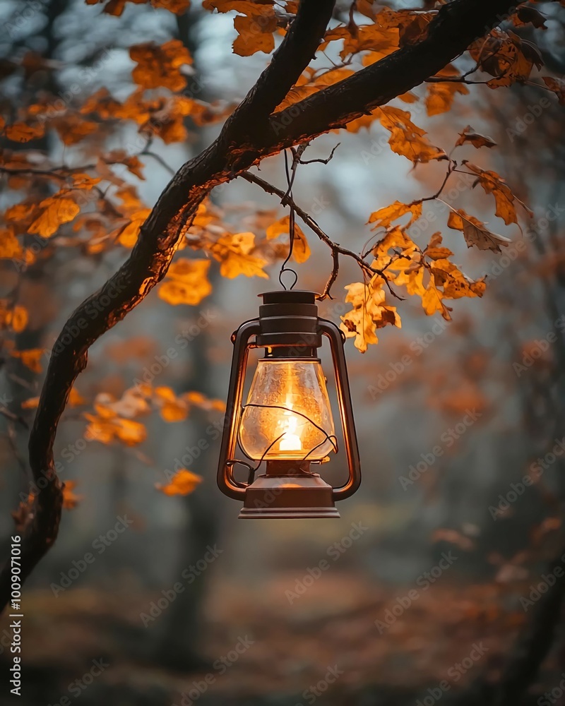 Poster a lantern with a warm, glowing light hangs from a tree branch in an autumn forest. golden leaves cov