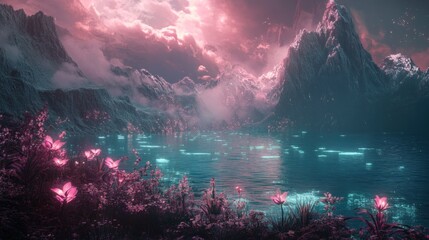 A Mystical Mountain Lake with Glowing Flowers and Stars