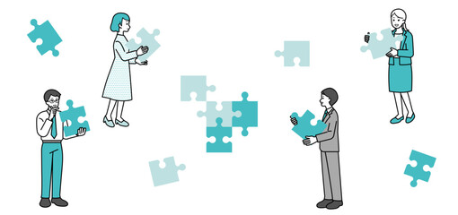 Illustration of business people with puzzle, full body.