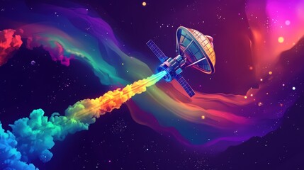 A colorful spaceship soaring through the cosmos, leaving a vibrant trail of smoke.