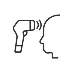 Temperature check, in line design. Thermometer, body temperature, fever check, infrared thermometer on white background vector. Temperature check, in line design, editable stroke icon.