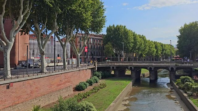 PERPIGNAN, FRANCE - SEPTEMBER 21, 2023: A view of the Magenta bridge above the Basse River in Perpignan

