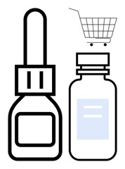 Two medicine bottles with a shopping cart ideal for online pharmacy, healthcare services, medical supplies, e-commerce, and pharmaceutical products. Minimalist, modern look