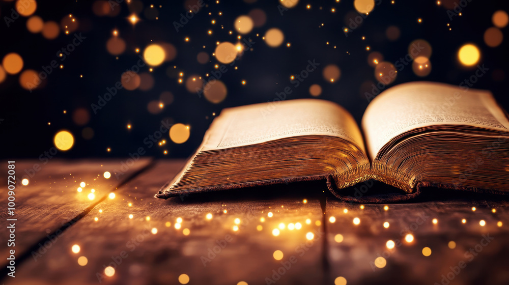 Poster an open book on a wooden table illuminated by sparkling lights, evoking a sense of magic and wonder 