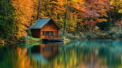 Fototapeta premium A wooden cabin with a deck sits on the shore of a lake surrounded by fall foliage. The water is calm and reflects the colors of the trees. 