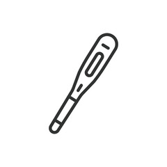 Thermometer, in line design. Temperature, fever, medical device, health monitoring, clinical thermometer, digital thermometer on white background vector. Thermometer editable stroke icon