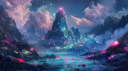 A mystical, starry night landscape with glowing mountains and a calm, reflective lake.