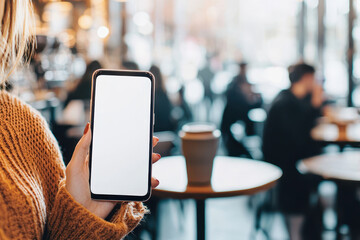 A woman holds a blank smartphone in a cozy cafe, showcasing a lifestyle moment with coffee and conversation in the background.