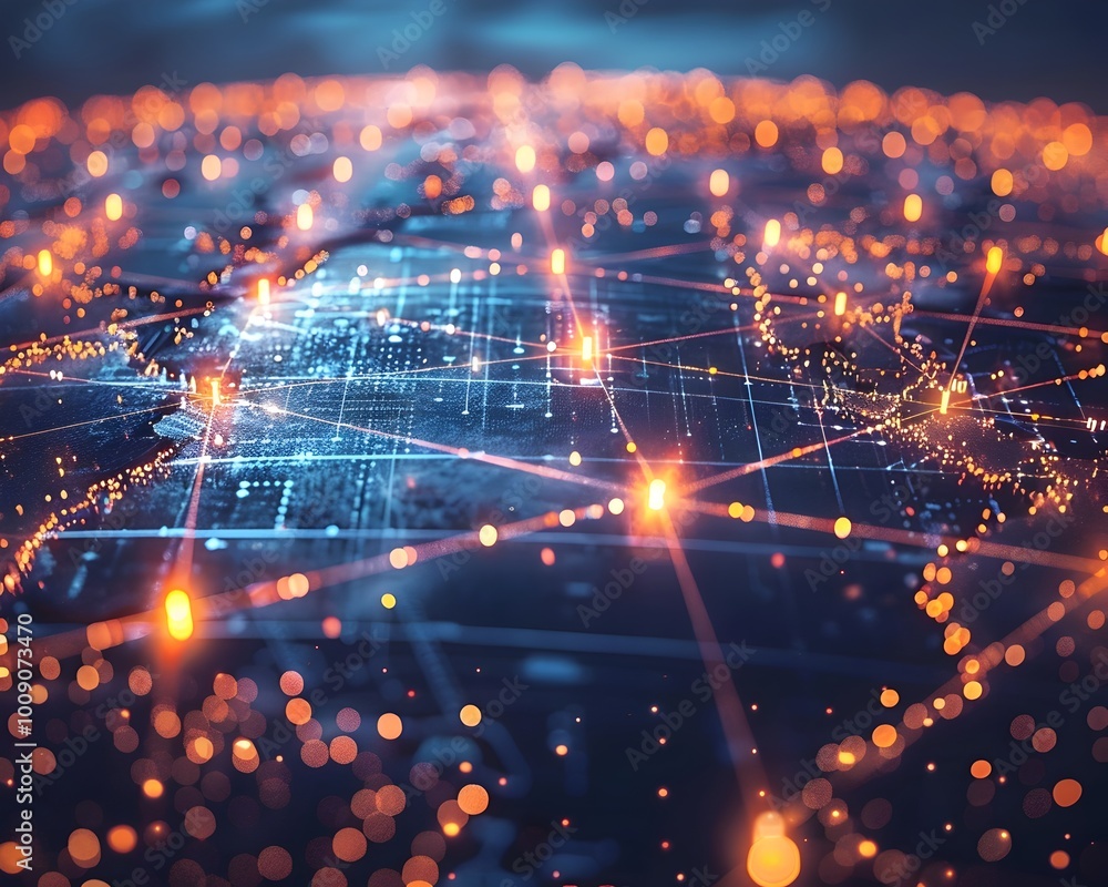 Poster futuristic global quantum internet network with glowing nodes and data flow