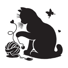 Cat playing with yarn ball vector illustration. Different cats sitting hand drawn black on white background. Pet silhouette