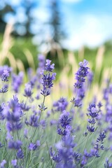 Obraz premium Purple lavender flowers in a field, with a blurred green background