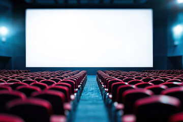 A spacious cinema hall featuring empty red seats and a large blank screen, perfect for showcasing movie-related content.