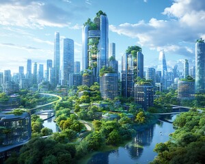 Futuristic green cityscape with lush vegetation, towering skyscrapers, blue skies, reflecting water bodies, and modern architectural design.