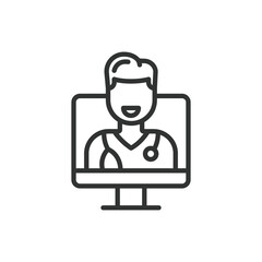 Online doctor, in line design. Virtual doctor, digital healthcare, consultation, online medical consultation, virtual healthcare on white background vector. Online doctor editable stroke icon