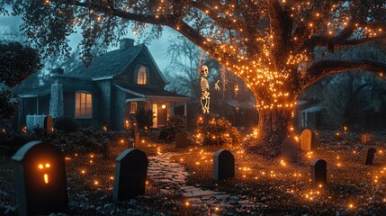 A spooky Halloween scene with fake tombstones, a skeleton propped up by a tree, and glowing orange lights scattered across the yard.