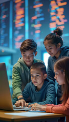 A group of enthusiastic children collaborates around a laptop, exploring technology and coding. This engaging image is ideal for STEM educational materials, tech workshops, or children's programs