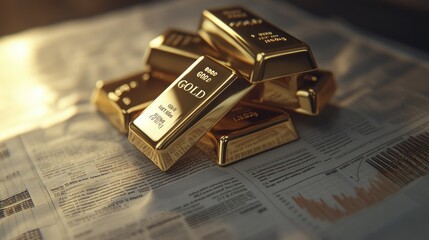 A stack of gold bars on a financial newspaper, with charts and graphs in the background, representing the relationship between gold and the economy.